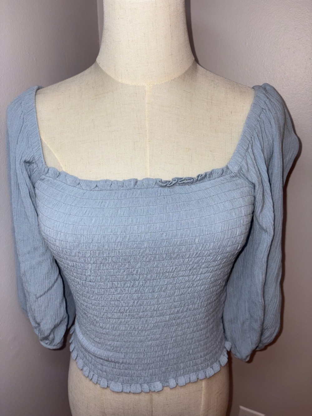 1. State Light Blue Coquette Smocked Bodice Crop Top Puff Sleeve Size Small - Picture 4 of 11